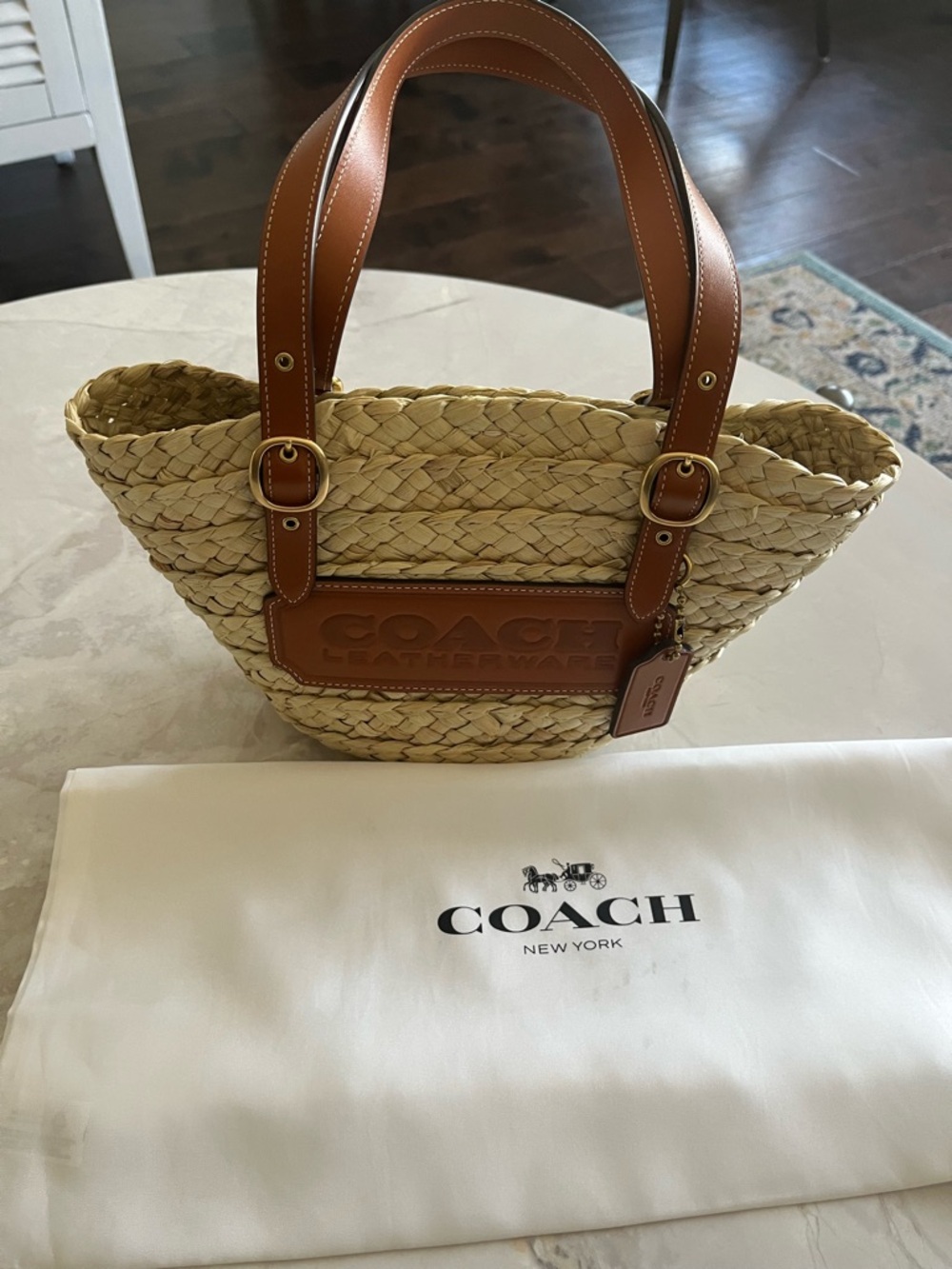 Coach Straw Tote with Tan Leather Trim